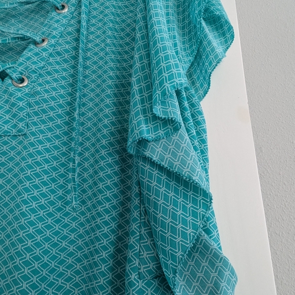 Lace up flutter sleeve blouse turquoise - Picture 3 of 4